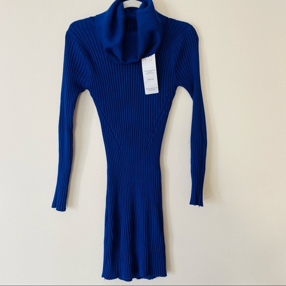 V28 ribbed knit blue long sleeve cowl neck fitted pull on mini sweater dress - Picture 5 of 7